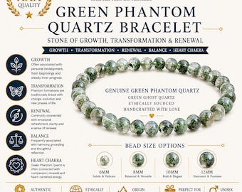 AAA Green Phantom Quartz Bracelet – Natural Green Ghost Phantom Quartz | Lodolite Garden Quartz Crystal Jewelry