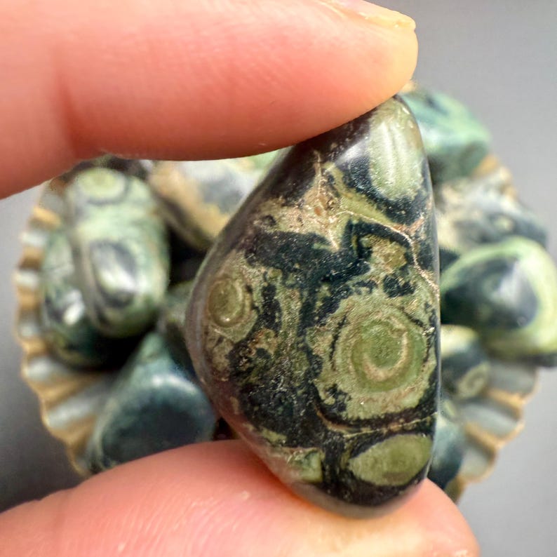 May include: A polished, teardrop-shaped stone with a unique pattern of green and black swirls and circular designs. The stone is held between two fingers, showcasing its natural beauty and texture. Other similar stones are visible in the background.