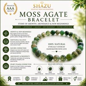 May include: A circular moss agate beaded bracelet featuring natural green and translucent stone beads. The image includes text detailing the product as a moss agate bracelet, listing bead size options of 6mm, 8mm, 10mm, and 12mm, and noting it is 100% natural and ethically sourced.