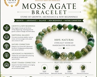 AAA Moss Agate Bracelet – Natural Moss Agate Crystal Bracelet, Green Gemstone Bead Bracelet, Nature Inspired Jewelry, Heart Chakra Gift