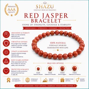 Puede incluir: Una pulsera de cuentas de jaspe rojo con piedras esféricas. La imagen incluye el texto: SHAZU, RED JASPER BRACELET, 100% NATURAL, ETHICALLY SOURCED, HANDCRAFTED WITH LOVE, y opciones de tamaño de cuenta de 6mm, 8mm, 10mm y 12mm con etiquetas.