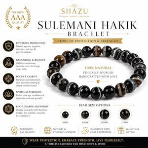 May include: A Sulemani Hakik bracelet featuring round, polished, black and brown banded agate beads. The image includes text: SHAZU, SULEMANI HAKIK BRACELET, STONE OF PROTECTION & STRENGTH, 100% NATURAL, and bead size options of 6mm, 8mm, 10mm, and 12mm.