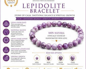 AAA Lepidolite Bracelet – Natural Purple Mica Lepidolite Crystal Bracelet for Calm, Crown Chakra & Meditation Gift