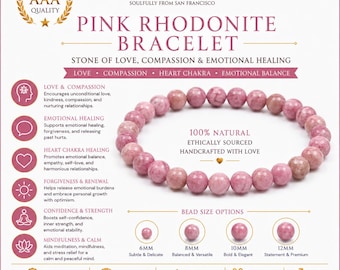 AAA Pink Rhodonite Bracelet – Genuine Natural Russian Rhodonite Crystal Bracelet | Heart Chakra Jewelry | Love & Emotional Healing