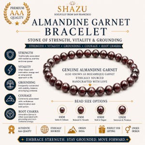 Puede incluir: Una pulsera de cuentas de granate almandino con piedras esféricas pulidas de color rojo oscuro. La imagen incluye texto que detalla las propiedades de la piedra, su origen en la India y opciones de tamaño de cuenta de 6 mm a 12 mm para esta joya.