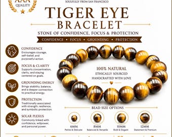 Puede incluir: Una pulsera de ojo de tigre con cuentas redondas pulidas de color marrón dorado a rayas. La imagen incluye texto que detalla las propiedades de la piedra, opciones de tamaño de cuenta de 6 mm a 12 mm y la marca Shazu, destacando su origen natural.