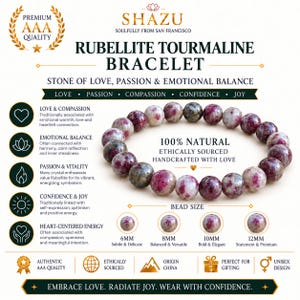 May include: A beaded bracelet made of natural rubellite tourmaline stones in shades of pink, red, and grey. The image includes text detailing the product as a Rubellite Tourmaline Bracelet, listing bead sizes of 6mm, 8mm, 10mm, and 12mm.
