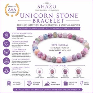 May include: A circular bracelet made of polished, multi-colored natural stone beads in shades of pink, purple, blue, and grey. The image includes text labels for Shazu Unicorn Stone Bracelet, bead size options from 6mm to 12mm, and spiritual attributes.