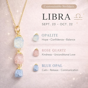Könnte beinhalten: Eine goldfarbene Halskette mit drei Edelsteinanhängern: Opalit, Rosenquarz und blauer Opal. Das Bild enthält den Text "Customizable Necklace" und "LIBRA" mit den Daten "SEPT. 23 - OCT. 22."