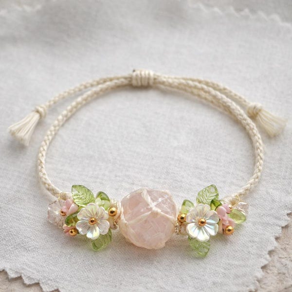 Raw Rose Quartz Crystal Bracelet – Adjustable Boho Spiritual Gift for Her