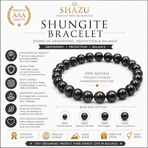 May include: A Shungite bracelet featuring polished black spherical beads arranged in a circular pattern. The image includes text detailing the product as a Shungite bracelet with bead size options of 6mm, 8mm, 10mm, and 12mm, alongside information about grounding, protection, and balance.