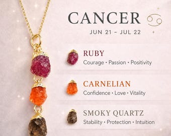 Cancer Zodiac Necklace: Raw Ruby, Carnelian, and Smoky Quartz
