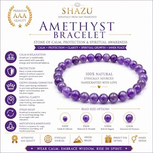 May include: A circular bracelet made of polished purple amethyst beads. The image includes text detailing the product as an Amethyst Bracelet from Shazu, listing bead size options of 6mm, 8mm, 10mm, and 12mm, along with descriptions of its properties.