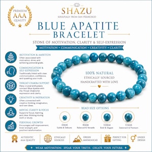 Könnte beinhalten: Ein Armband aus blauen Apatit-Perlen mit runden, polierten Steinen. Das Bild enthält Text: SHAZU, BLUE APATITE BRACELET, 100% NATURAL, ETHICALLY SOURCED, HANDCRAFTED WITH LOVE sowie Perlengrößenoptionen von 6mm, 8mm, 10mm und 12mm mit Beschreibungen.