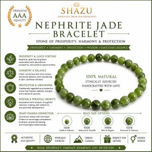 May include: A circular bracelet made of polished green nephrite jade beads. The image includes text detailing the product as a Shazu Nephrite Jade Bracelet, highlighting its natural origin, ethical sourcing, and available bead sizes of 6mm, 8mm, 10mm, and 12mm.