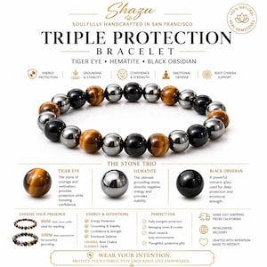 May include: Triple protection bracelet featuring tiger eye, hematite, and black obsidian stones. The bracelet is handcrafted in San Francisco. The stones are 8mm and 10mm in size. The bracelet is designed for energy protection, grounding, and confidence.