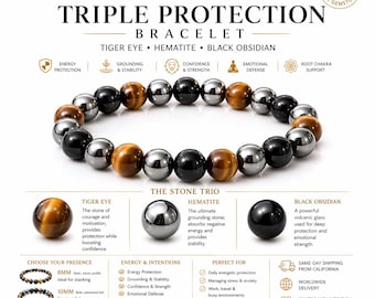 Triple Protection Bracelet – Natural Crystal Bracelet with Tiger Eye, Black Obsidian & Hematite | Grounding Protection Bracelet