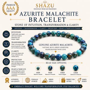Può includere: Un braccialetto di perline realizzato con pietre preziose di azzurrite malachite autentiche nelle tonalità del blu e del verde. L'immagine include testo che descrive le proprietà della pietra, opzioni di misura da 6mm a 12mm e il marchio Shazü.