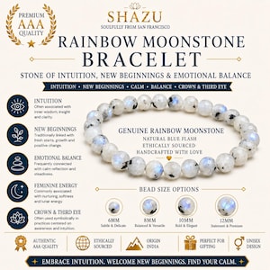 Op de afbeelding: Een ronde armband gemaakt van echte regenboogmaansteen kralen met een natuurlijke blauwe glans. De afbeelding bevat tekst over de eigenschappen van de steen, kraalgrootte opties van 6mm tot 12mm en de merknaam Shazu, Soulfully from San Francisco.