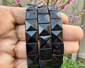 Black Tourmaline Bracelet 12MM – Square Pyramid Cut Crystal for Protection, Grounding & Energy Shielding