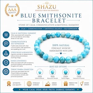 May include: A blue smithsonite beaded bracelet displayed on an informational card. The card features the text SHAZU, BLUE SMITHSONITE BRACELET, and lists bead size options of 6mm, 8mm, 10mm, and 12mm alongside various descriptive icons and text.
