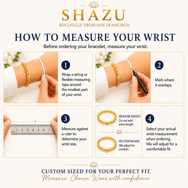 Pode incluir: Um gr&aacute;fico instrutivo intitulado HOW TO MEASURE YOUR WRIST da SHAZU. Apresenta quatro passos: envolver um fio no pulso, marcar a sobreposi&ccedil;&atilde;o, medir o fio com uma r&eacute;gua e selecionar o tamanho para a pulseira personalizada.
