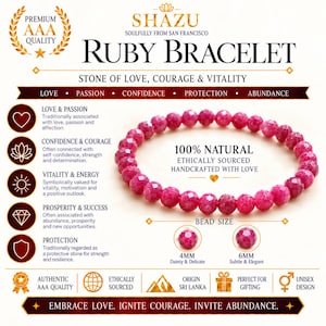May include: A beaded ruby bracelet featuring faceted, deep pink stones arranged in a circular pattern. The image includes text labels for 4mm and 6mm bead sizes, along with branding for Shazu and descriptions of the stone's properties.