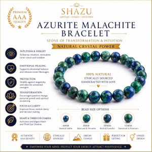 Peut inclure: Un bracelet circulaire composé de perles d'azurite-malachite naturelles aux motifs marbrés bleu profond et vert vif. L'image contient du texte présentant le produit comme un bracelet en azurite-malachite avec des options de perles de 6mm, 8mm, 10mm et 12mm, ainsi que diverses icônes et étiquettes descriptives.