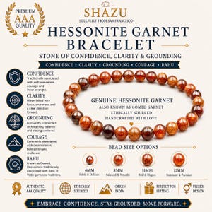 May include: A circular bracelet made of polished, translucent orange-brown Hessonite Garnet beads. The image includes text detailing the stone's properties, bead size options ranging from 6mm to 12mm, and the brand name Shazu.