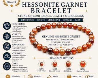 May include: A circular bracelet made of polished, translucent orange-brown Hessonite Garnet beads. The image includes text detailing the stone's properties, bead size options ranging from 6mm to 12mm, and the brand name Shazu.