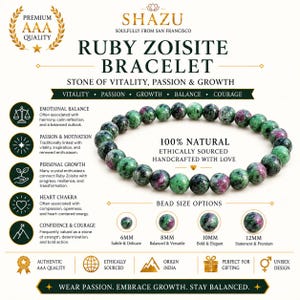 Può includere: Un bracciale di perline rotonde realizzato con pietre naturali di rubino zoisite caratterizzate da colori screziati verdi e magenta. L'immagine include etichette di testo per il marchio Shazu, proprietà delle pietre e opzioni di misura da 6mm a 12mm.