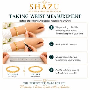 May include: An instructional graphic for measuring wrist size for a bracelet. It features four steps: wrapping a string around the wrist, marking the overlap, measuring the string against a ruler, and adding 0.5 or 1 inch for fit. Includes text SHAZU.