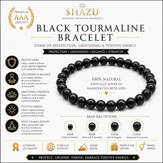 AAA Black Tourmaline Bracelet – Natural Black Tourmaline Crystal Bracelet | Brazilian Tourmaline Jewelry | Root Chakra