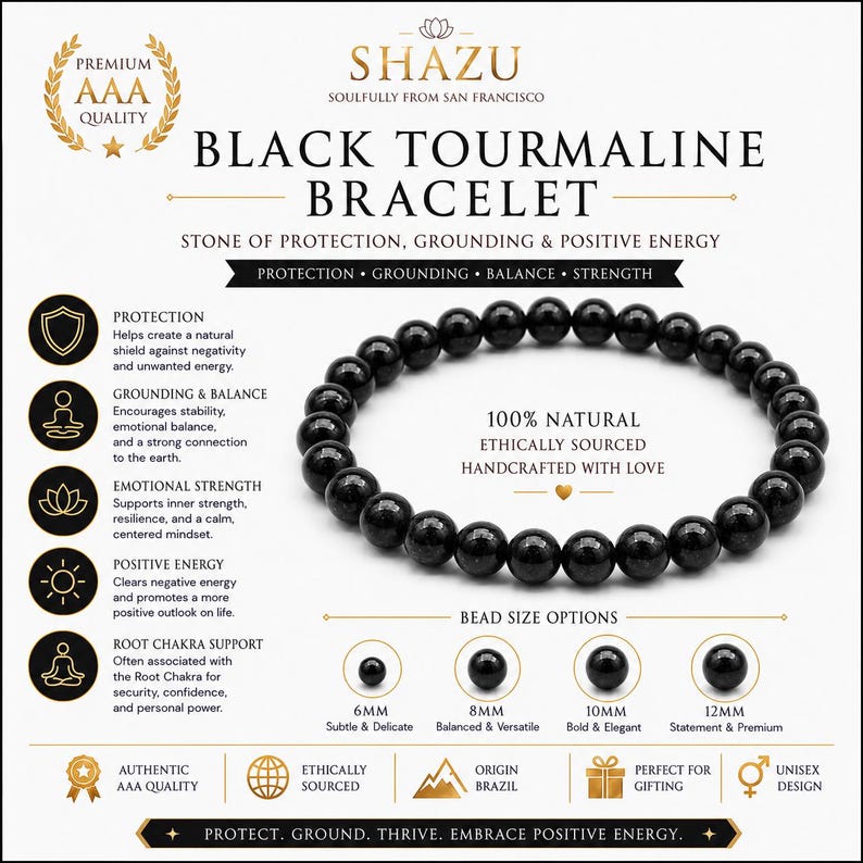 AAA Black Tourmaline Bracelet – Natural Black Tourmaline Crystal Bracelet | Brazilian Tourmaline Jewelry | Root Chakra image 1