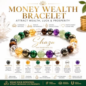 May include: A multi-stone beaded bracelet featuring magnetite, pyrite, citrine, green aventurine, malachite, tiger eye, clear quartz, and amethyst. The text reads MONEY WEALTH BRACELET, Shazu, and THE MONEY MAGNET BLEND, with 8mm and 6mm beads.