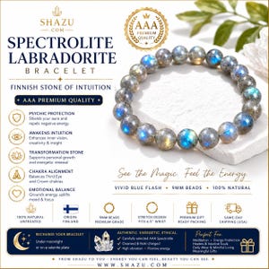 Op de afbeelding: Spectrolite Labradoriet armband met 9 mm kralen. De armband is gemaakt van natuurlijke, onbehandelde stenen en heeft een levendige blauwe flits. De tekst op de afbeelding luidt "Finse steen van intuïtie".