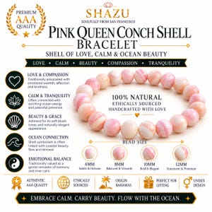 Könnte beinhalten: Ein Armband aus rosa Königskonchenschalen-Perlen mit runden, polierten Perlen, die eine natürliche weiße und rosa Marmorierung aufweisen. Das Bild enthält Textbeschriftungen für Perlengrößen von 6mm bis 12mm sowie Beschreibungen der Eigenschaften.