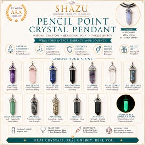 May include: A Shazu pencil point crystal pendant display featuring various natural gemstones in hexagonal shapes. Options include amethyst, rose quartz, lapis lazuli, black obsidian, fluorite, clear quartz, labradorite, aventurine, larvikite, map stone, hematite, and lava stone.