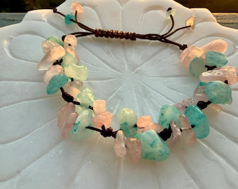 Rose Quartz & Aquamarine Crystal Chip Bracelet – Handmade Fairycore Jewelry