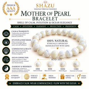 May include: A circular bracelet made of white mother of pearl beads. The image includes text detailing the product as a Mother of Pearl Bracelet, noting it is 100% natural and ethically sourced, with bead size options of 6mm, 8mm, 10mm, and 12mm.