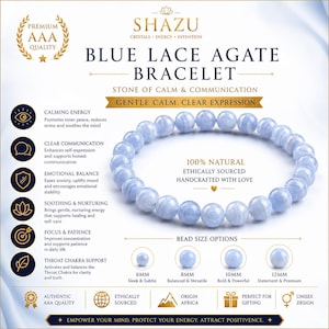 May include: A blue lace agate beaded bracelet with smooth, round, light blue stones. The image includes text detailing bead size options of 6mm, 8mm, 10mm, and 12mm, along with information about the stone's properties and Shazu brand quality.