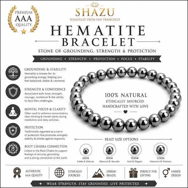 AAA Hematite Bracelet – Natural Hematite Crystal Bracelet | Metallic Gemstone Jewelry | Grounding Root Chakra