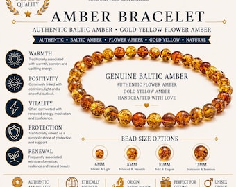Authentic Baltic Amber Bracelet – Natural Gold Yellow Flower Amber Bead Bracelet | Genuine Baltic Amber Jewelry