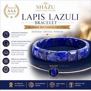 May include: A Lapis Lazuli bracelet with 15x10mm rectangle faceted beads. The dark blue bracelet is displayed on a navy blue surface. The image includes text that reads "Premium AAA Quality" and "Natural Crystal Wisdom."