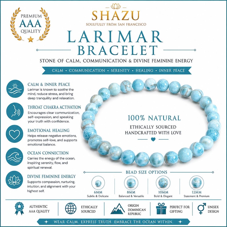 Puede incluir: Una pulsera circular hecha de cuentas de piedra Larimar natural en tonos azul claro y blanco. La imagen incluye texto que detalla el producto como una pulsera de Larimar, 100% natural, de origen &eacute;tico y artesanal, con opciones de cuentas de 6mm, 8mm, 10mm y 12mm.
