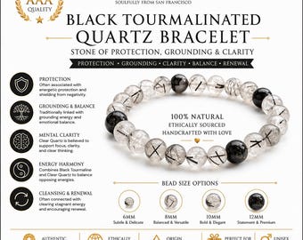 May include: A black tourmalinated quartz bracelet featuring clear beads with black needle-like inclusions and solid black beads. The image includes text detailing bead size options from 6mm to 12mm, product benefits, and the brand name SHAZU.