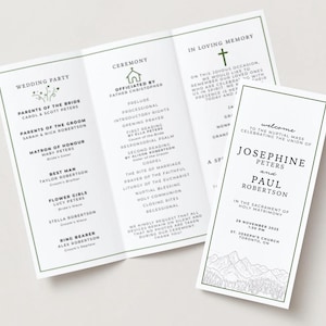 May include: A wedding program and welcome card with a minimalist design. The program is tri-fold, with text detailing the wedding party, ceremony, and in loving memory. The welcome card features the couple's names, date, time, and location.