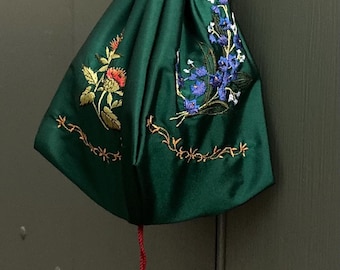 Embroidered “Spring Garden” 4-panel Drawstring Bag; Silk Regency Reticule.