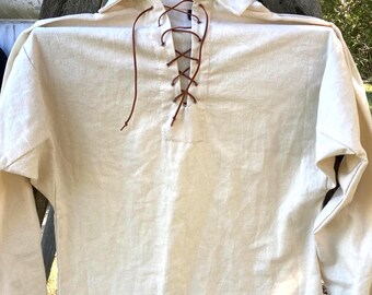Natural Osnaburg shirts with suede lace-up strings