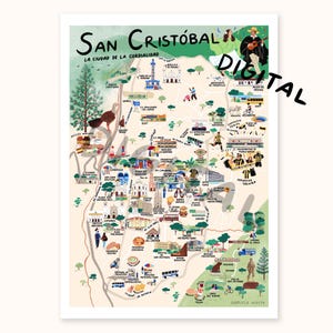 May include: A colorful illustrated map titled San Cristóbal La Ciudad de la Cordialidad, featuring various landmarks, buildings, roads, and small figures. The map includes text labels for locations, a large tree, and a person playing a guitar at the top.